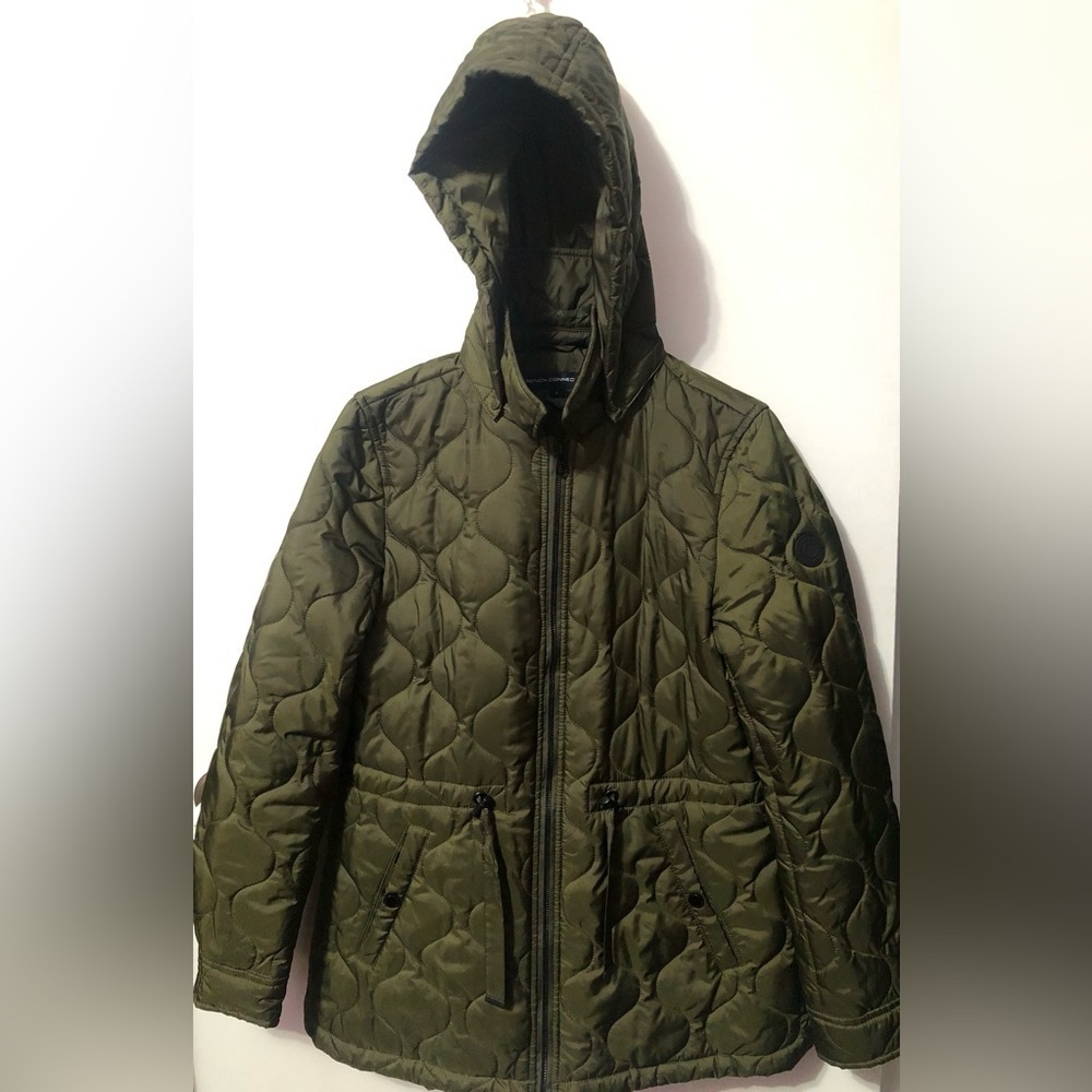 French Connection Puffer Olive Green Jacket with cap for Women